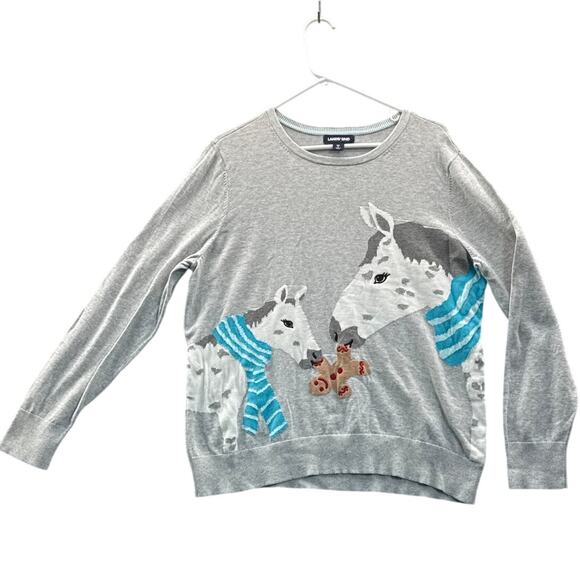 Lands' End Gray Cotton Holiday Horse Gingerbread Sweater Girls Jr XL - Picture 1 of 7